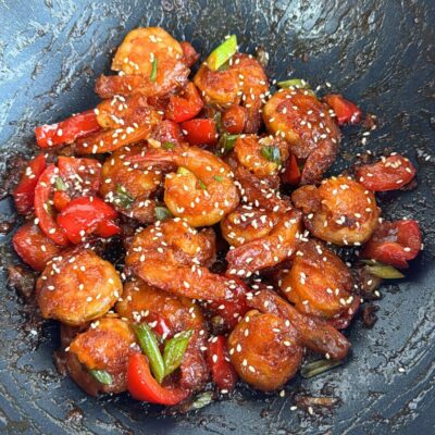 Chilli Dragon Prawns in wok