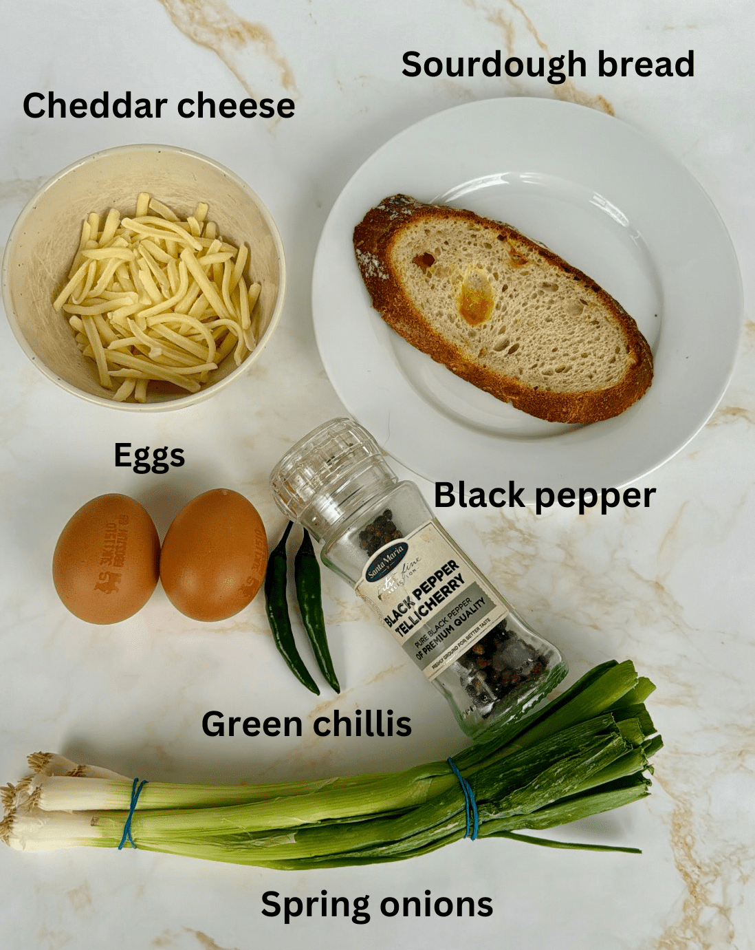 cheese, sourdough, eggs, black pepper, spring onions