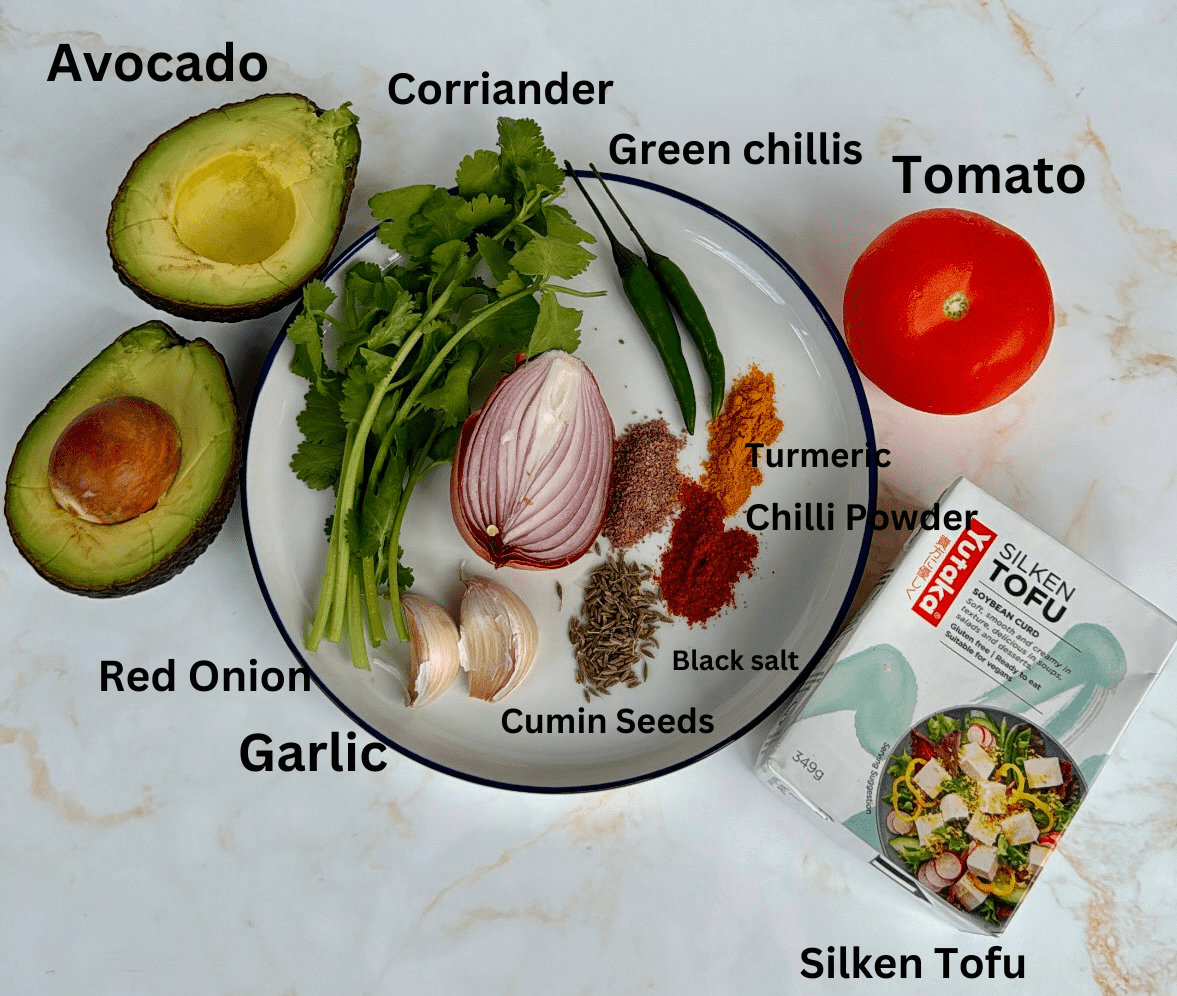 onion, avocado, corriander, tomato, tofu, spices (tofu bhurji ingredients)