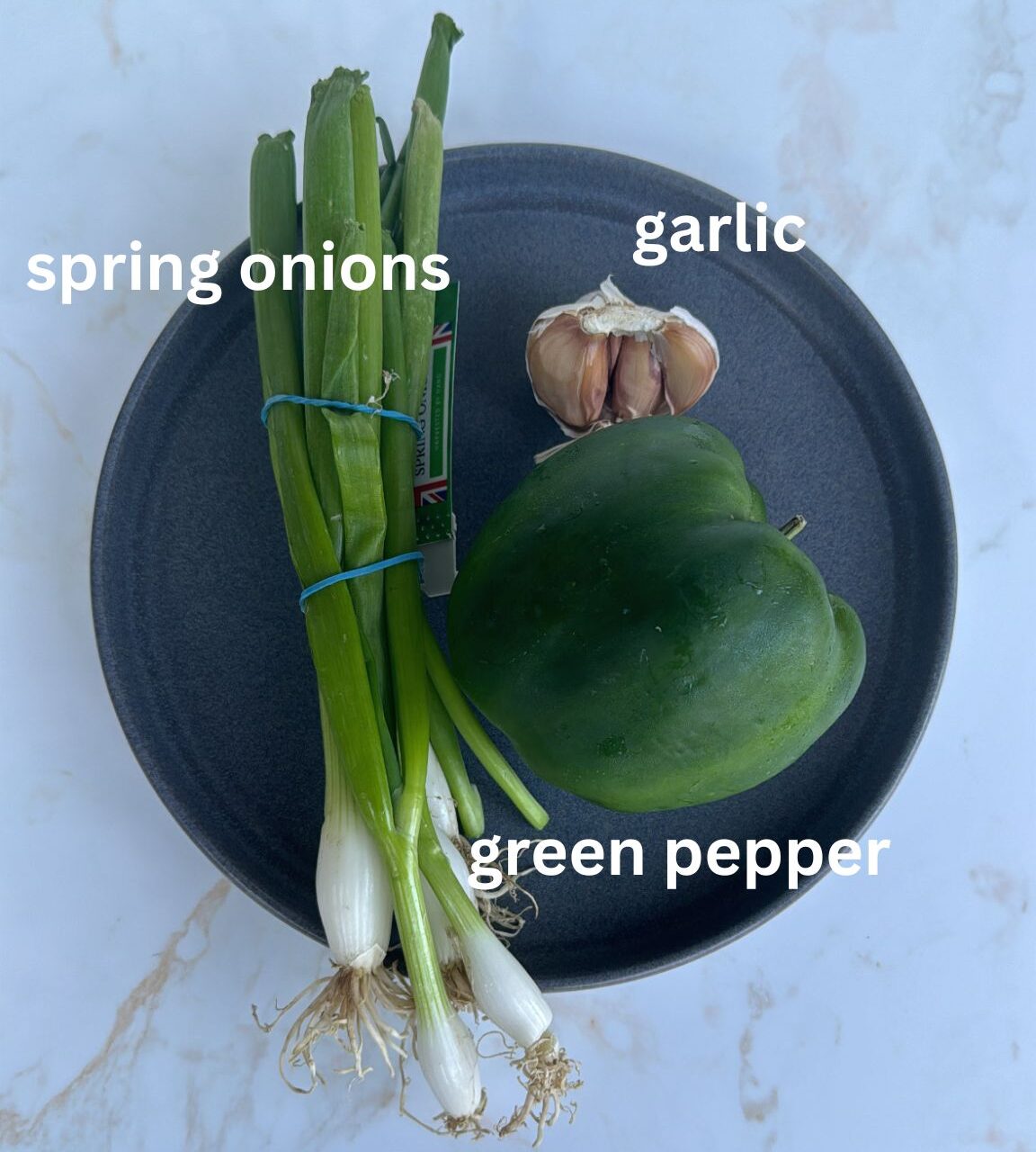 spring onion, whole garlic cloves and green pepper