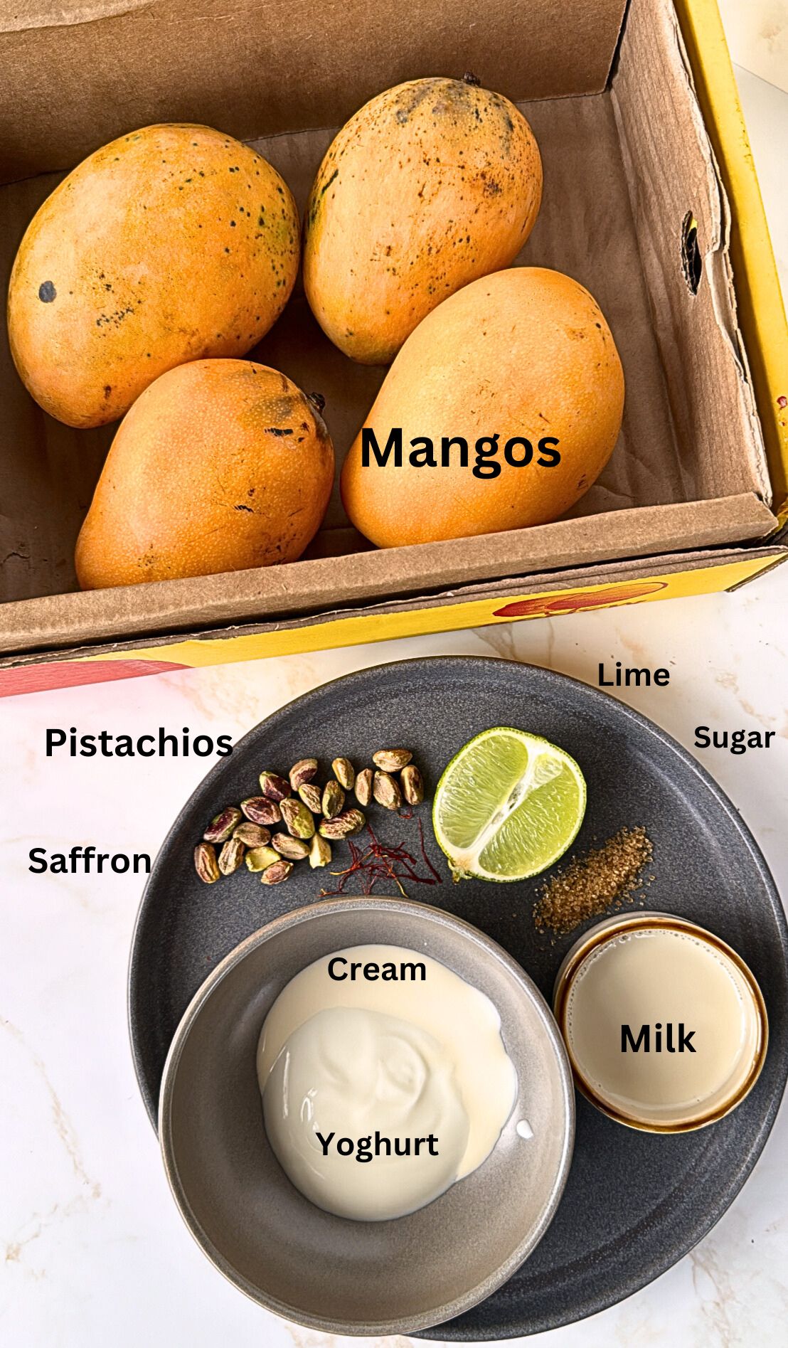 Mango lassi ingredients laid out on a plate