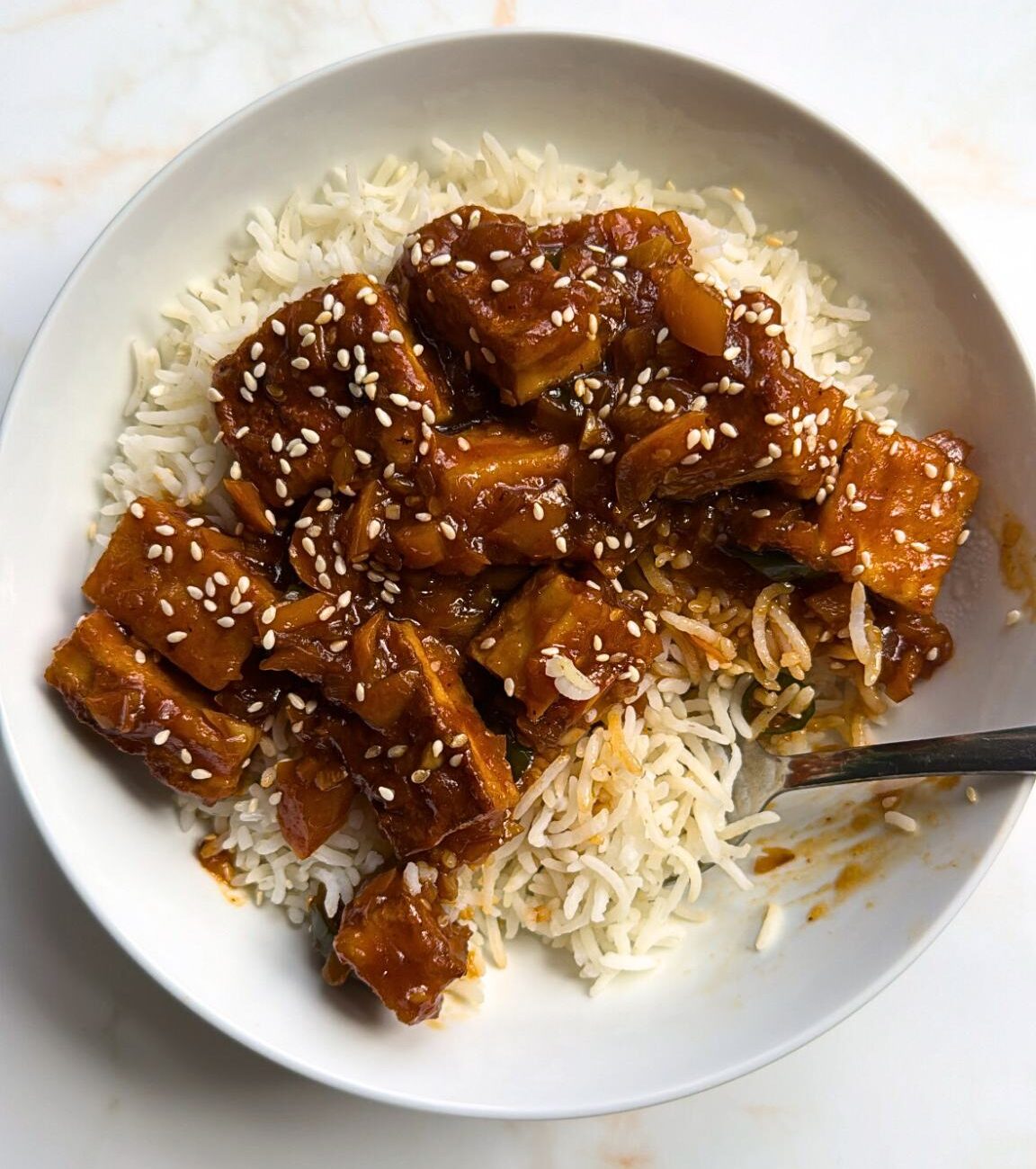 rice and chilli tofu in bowl