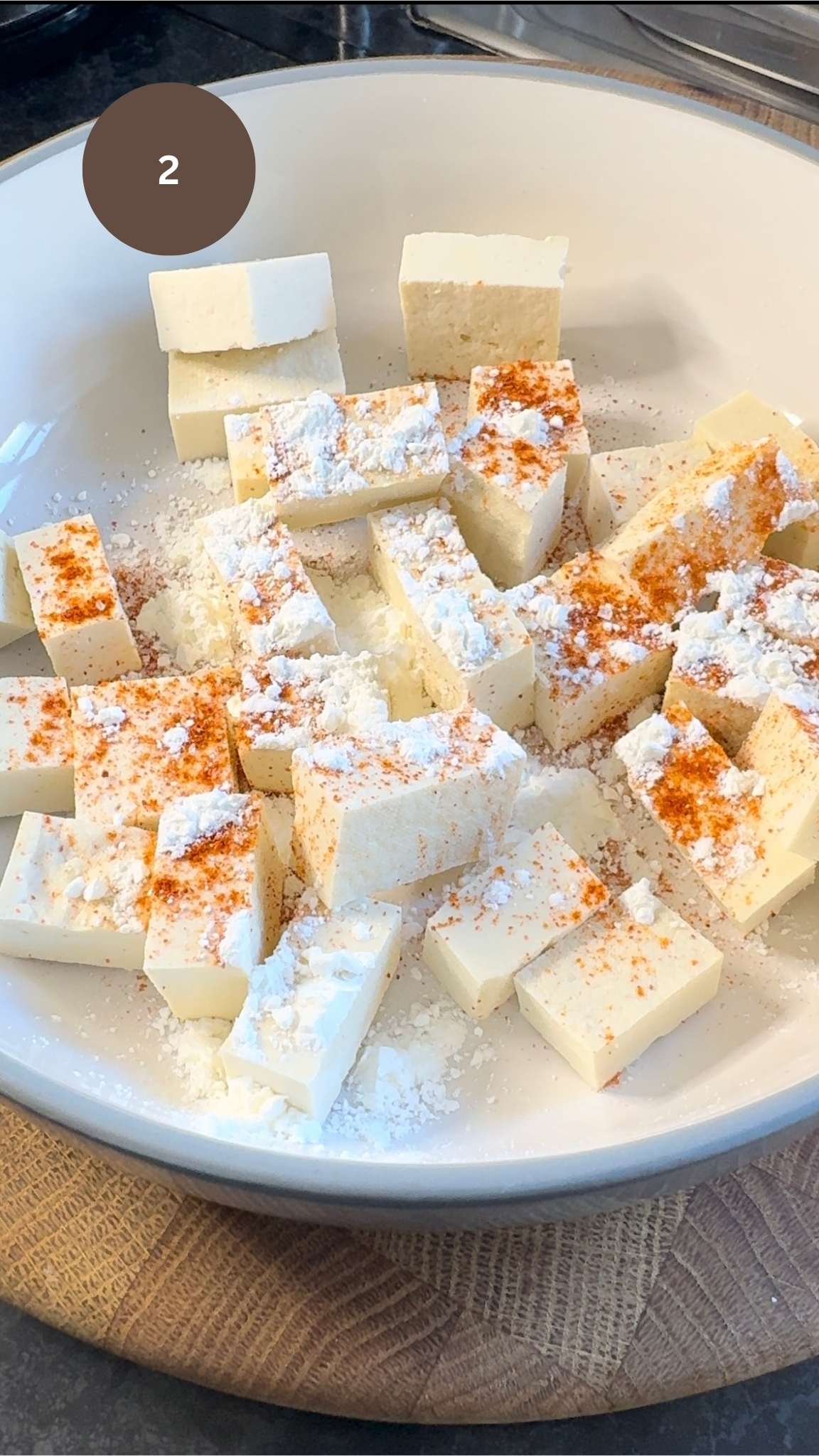 Tofu seasoned with salt, chilli powder and cornstarch