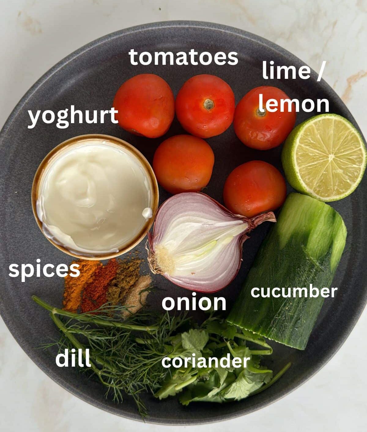 kachumber ingredients laid out on plate